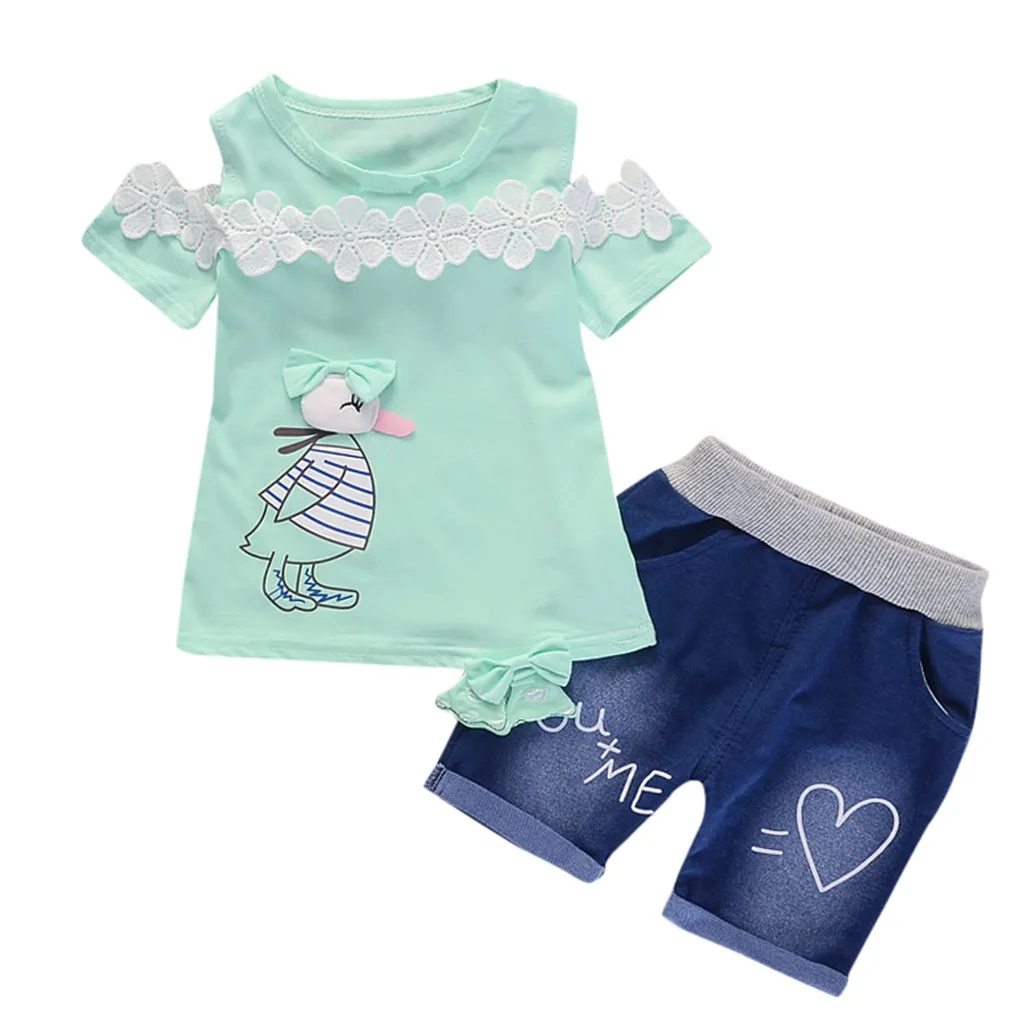 

MUQGEW Girl Summer Outfit Set Kid Cloth Toddler Baby Girls Short Sleeve Cartoon Print Tops+Denim Shorts Set Outfits одежда