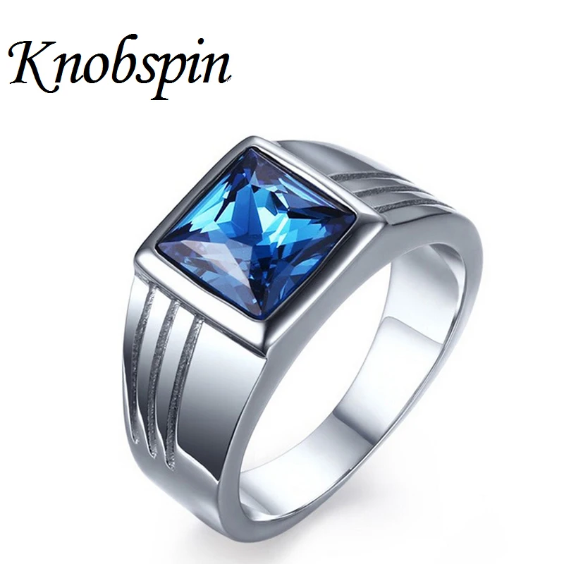 Fashion Mens Rings Stainless Steel Statement Ring with Rectangle Blue