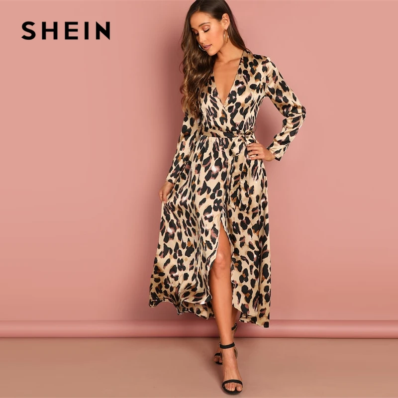SHEIN Атласное Платье С Леопардовым Принтом С Глубоким V-Образным Вырезом, Элегантное Платье На Запах