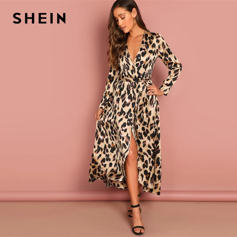 

SHEIN Going Out Multicolor Surplice Wrap Satin Leopard Deep V Neck Half Sleeve Dress Elegant Women Autumn Modern Lady Dresses