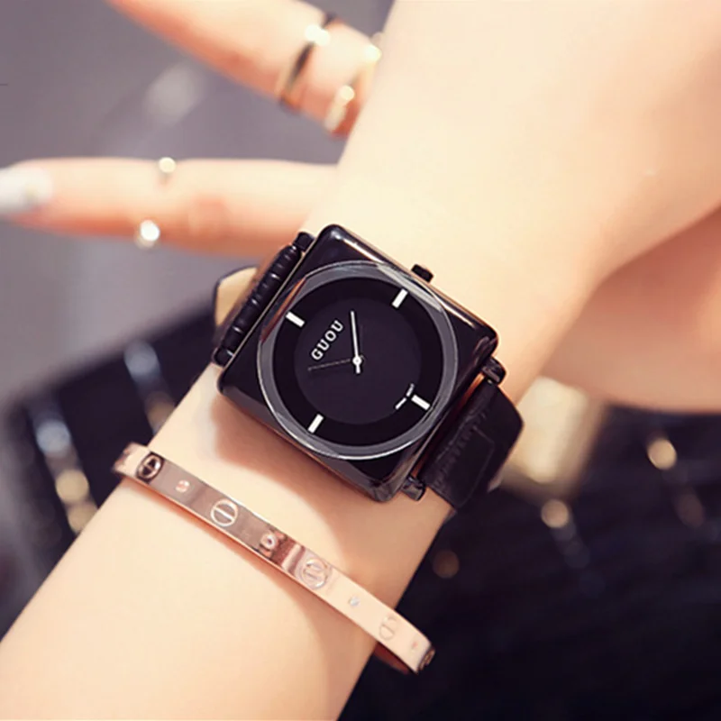 

2018 Luxury Brand Women Watches Fashion Dress Ladies Watch Black Square dial Leather Strap Quartz Watch Clock Women Wristwatch