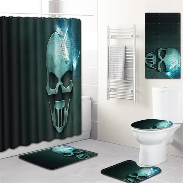 Online 5pcs Set Skull Shower Curtain Bath Rug Toilet Set Skull Shower Curtain Bath Rug