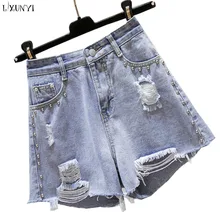 LXUNYI XL-5XL плюс Размеры Для женщин Джинсовые шорты Лето Новые прямые брюки широкие шорты Для женщин Бисер отверстие заклепки короткие джинсы Mujer