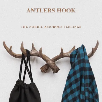 

European Retro Style Antlers Decorated Wall Hanging Coat Hook Wood Coat SundriesTools Hanger Wall Mounts Room Shelf Racks