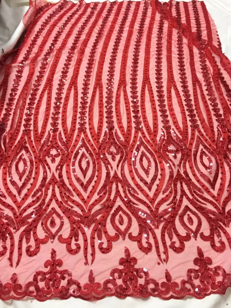 

African party lace (5yards/pc) red sequins embroidered French net lace fabric with lots of beads for bling party dress FLC863