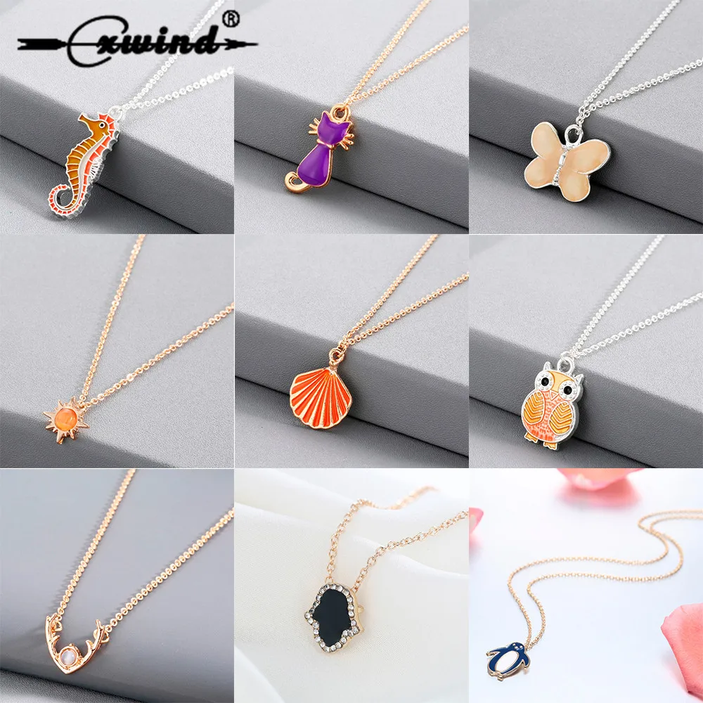 

Cxwind Necklace For Children Kids Enamel Cartoon Cat Penguin Jewelry Accessories Women Animal Necklace Pendant Seashell Party