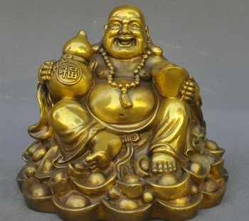 

6" Chinese Buddhism brass yuanbao Money Coin Lucky Wealth Maitreya Buddha Statue