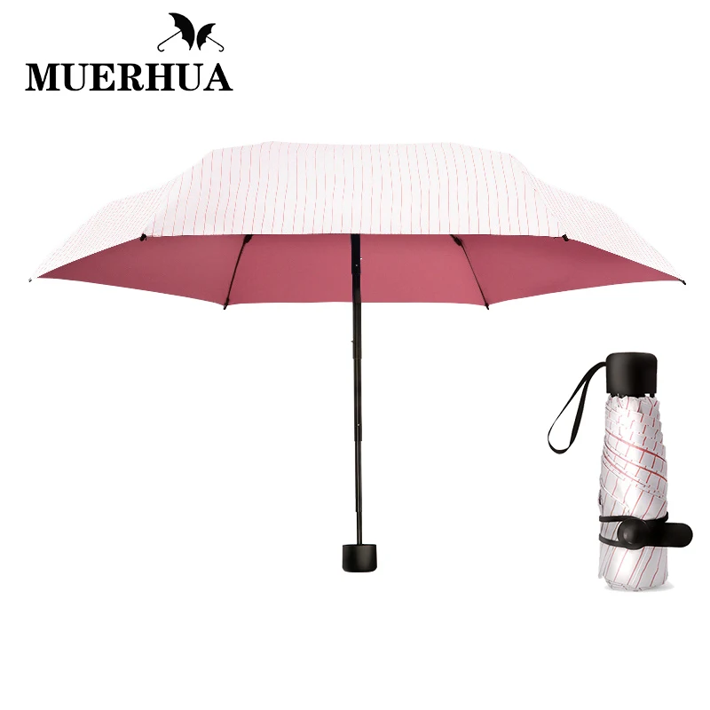 

MUERHUA Women Fashion Stripes Rain Umbrella Mini Pockets Anti-UV Umbrella Small 5 Folding Umbrella Sunny And Rain Gear Parasol
