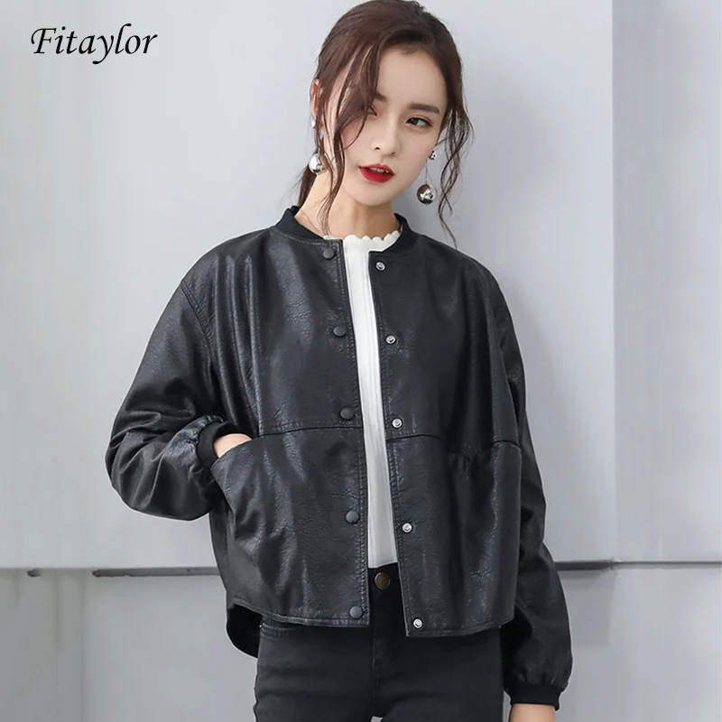 

Fitaylor 2019 Women Faux Soft Leather Motorcycle Jacket Short Pu Leather Baseball Uniform Coat Single Breasted Black Overcoat