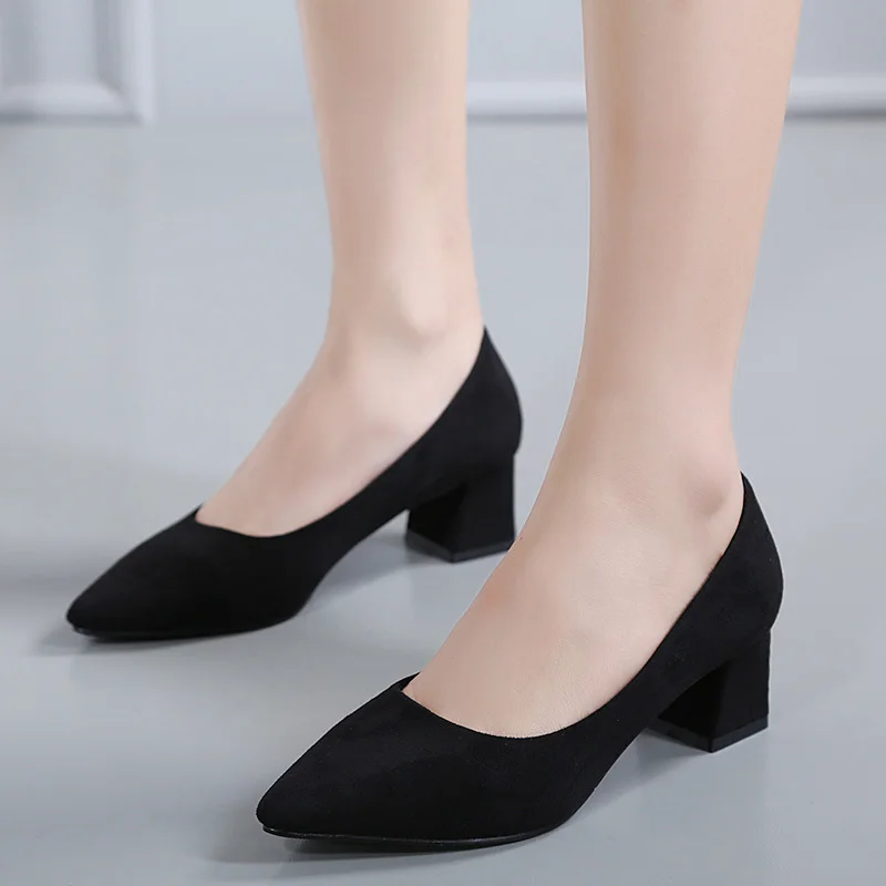 Pointed Top Strappy Pumps Med High Thick Heels Flock Shoes Women Female Office & Career 5 Colors women pumps shoes