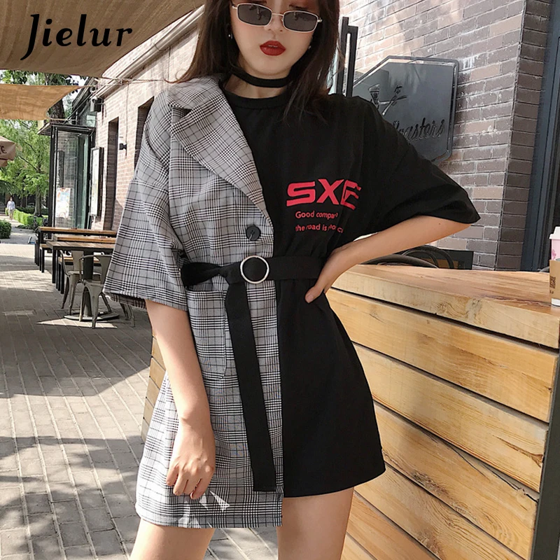 Jielur/женские лоскутные футболки из двух частей с поясом, новинка, винтажная Высокая уличная футболка, женские хитовые цветные Изящные Простые Топы, Femme