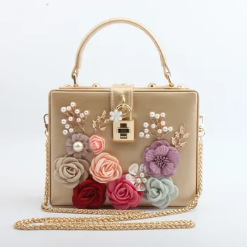 

Women Evening Bag Fashion Pearl Square Box Design Lady Flower Handbag For Wedding Female Clutch Shoulder Messenger Bag For Women
