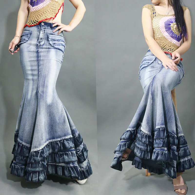 Free Shipping 2024 New Fashion Long Maxi Vintage Fish Tail Mermaid Style Denim Women Ruffles S-2XL Stretch Jeans Patchwork Skirt