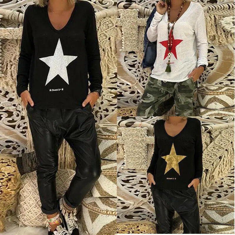 

Fashion Women Ladies Summer Star Pattern Print T-Shirts Long Sleeve O-neck Losse Casual T-Shirt Plus Size