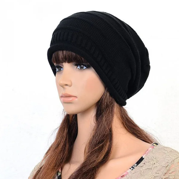 Осенне-зимняя шапка унисекс теплая шерстяная вязаная модная шапка для женщин Skullies Slouch Baggy Beanie - Цвет: black