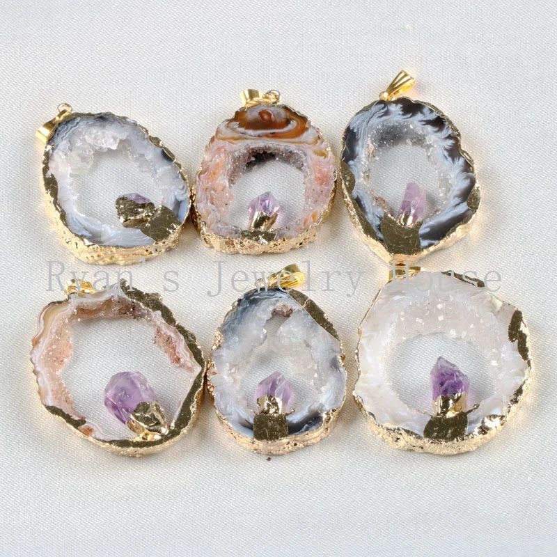 BOROSA Gold Color Natural Open Agates Geode Druzy With Amethysts Crystal Druzy Pendants