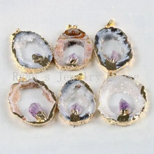 HanKun 5 Pieces Gold Color Natural Open Slice Agates Geode Druzy With Amethysts Crystal Druzy Pendants