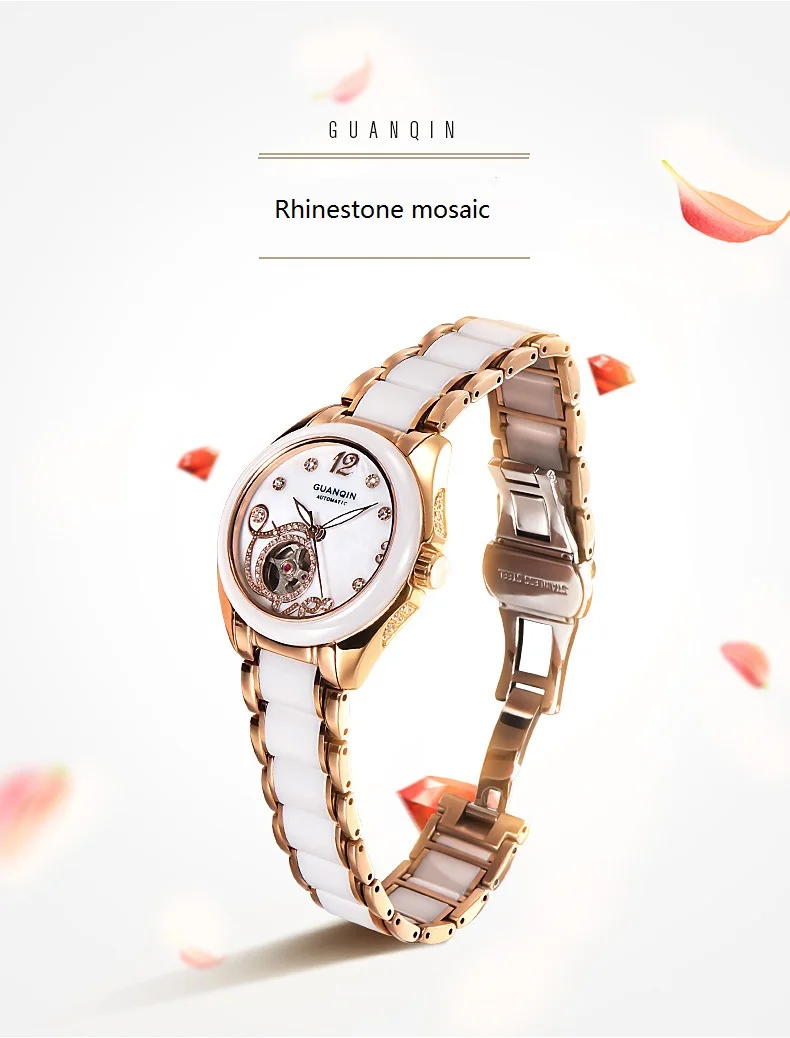 GUANQIN Ceramic Women Watch Automatic Mechanical Watches Hollow Waterproof Watch Ceramic Watch Strap Rhinestone Shell Pattern  (3)