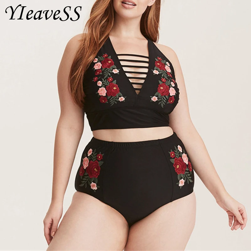 

2018 Large Women Bikini Set Wavy Striped Printed Halter Swimming Suit High Waisted Big Retro Swim suits Biquini Plus Size XL-5XL