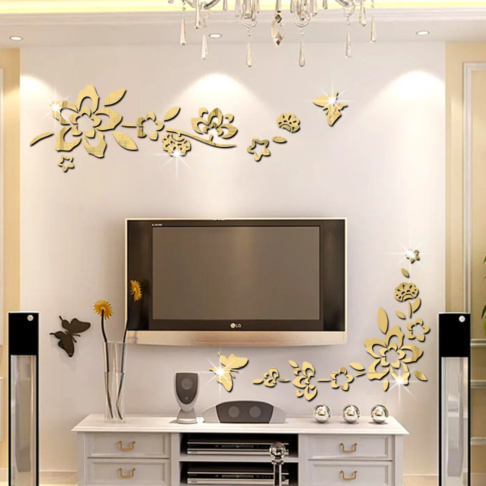 Decoración tridimensional flor diagonal espejo Adhesivos de pared pegatinas pared decoración del hogar decorativo Adhesivos de pared