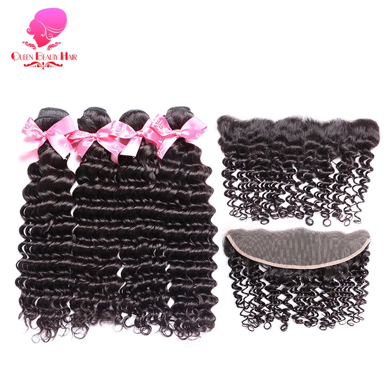 

QUEEN BEAUTY 2/3/4 Remy Human Hair Extensions Brazilian Deep Wave Bundles with Closure Lace Frontal 13x4 Ear to Ear Frontal Hair