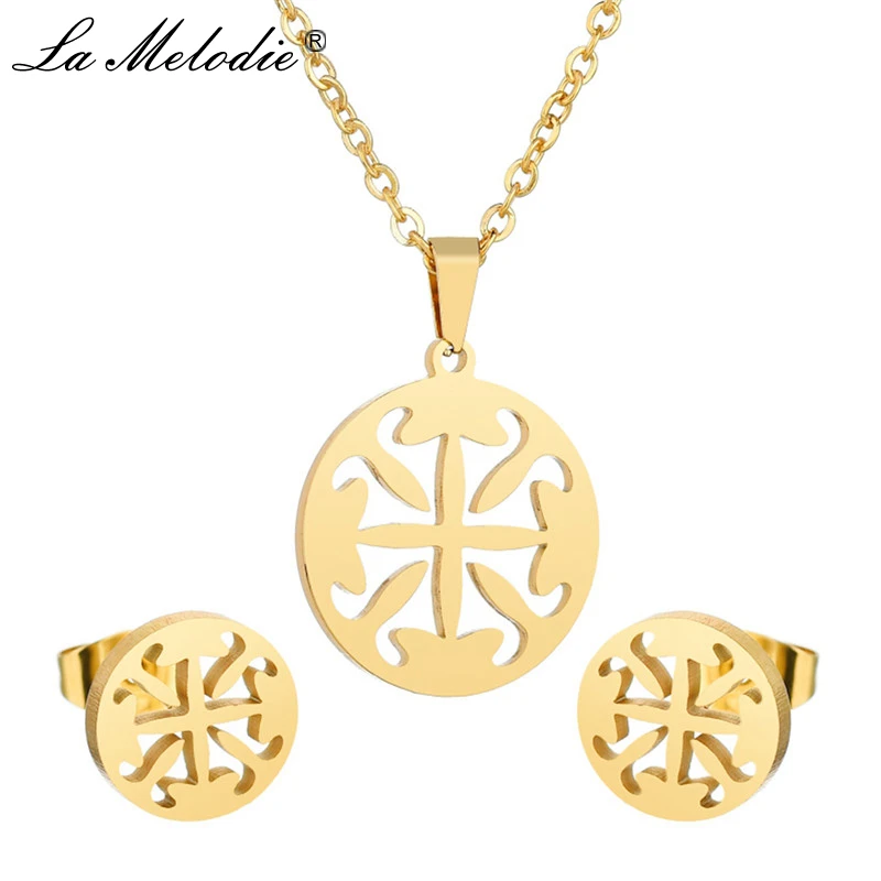 

New Female Titanium Stainless Steel Jewelry Sets Geometric Flowers Pendants Necklace Stud Earrings Set For Women Earring Choker