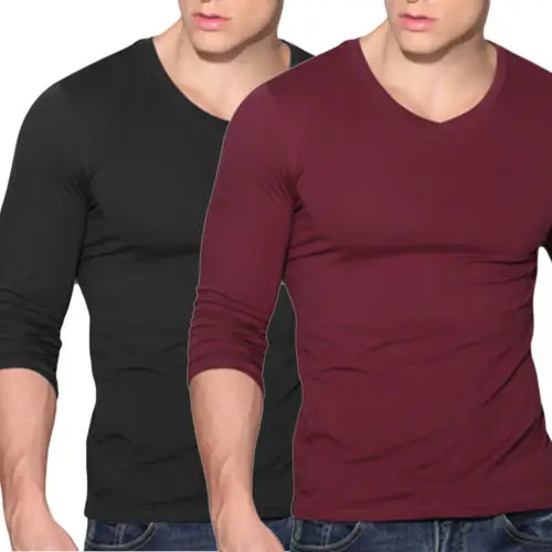 Мужская футболка в винтажном стиле с длинным рукавом, одноцветная облегающая футболка, мужские футболки с v-образным вырезом, повседневная облегающая футболка, футболка