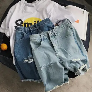 

Men Summer Holes Denim Shorts Blue Short Jeans Men Straight Casual Jean Shorts New Male Solid Blue Denim Shorts