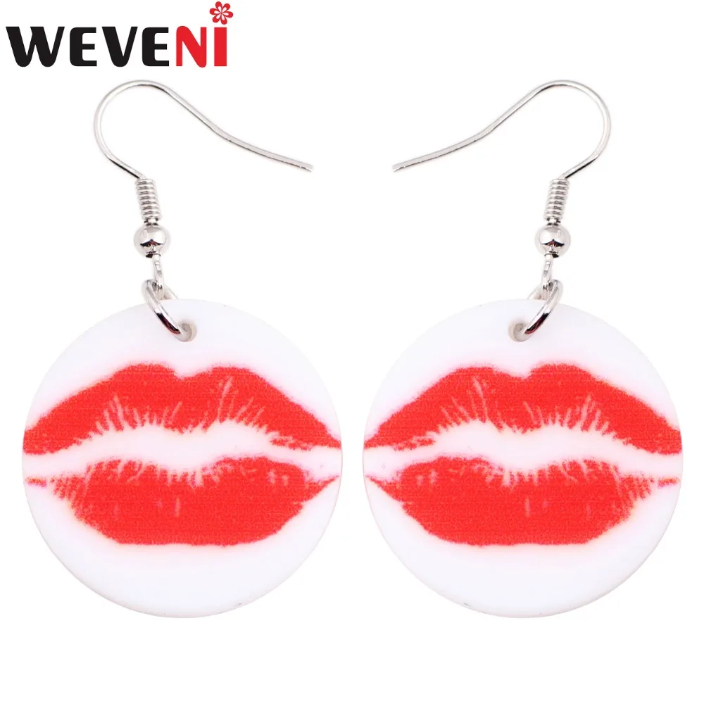 Weveni Accessories Drop Dangle Round Sexy Red Lips Print Earrings For