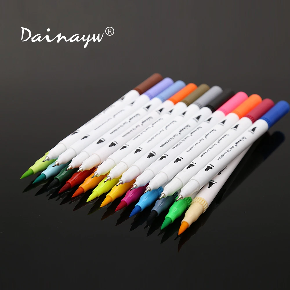 Billige Dainayw 24 Farben 0,4mm Fineliner tinte auf wasserbasis Dual Kopf Skizze Marker Pinsel Stift Für Draw Färbung Bücher Design kunst Liefert