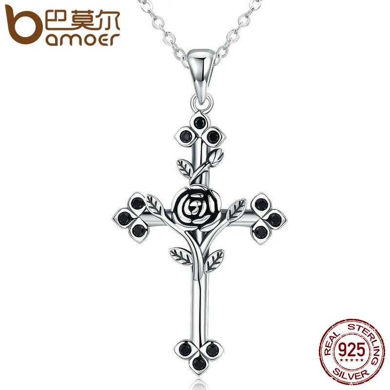 BAMOER Authentic 925 Sterling Silver Rose Flower Leaf Cross Pendant Necklaces For Women Sterling Silver Jewelry
