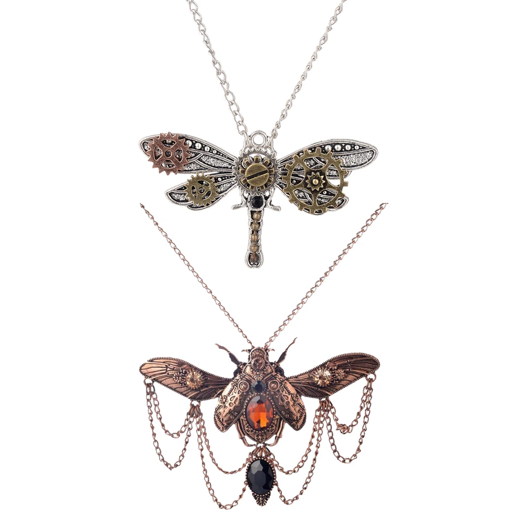 2Pcs Steampunk Vintage Rhinestone Decor Dragonfly Big Beetle Insect Shaped Multigear Gears Women Necklace Gears Chain