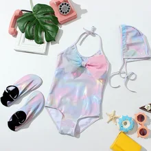 Модный летний купальный костюм для девочек, милый купальный костюм с радужным лазером и бантом для маленьких детей, пляжная одежда с лямкой на шее, YZ19058
