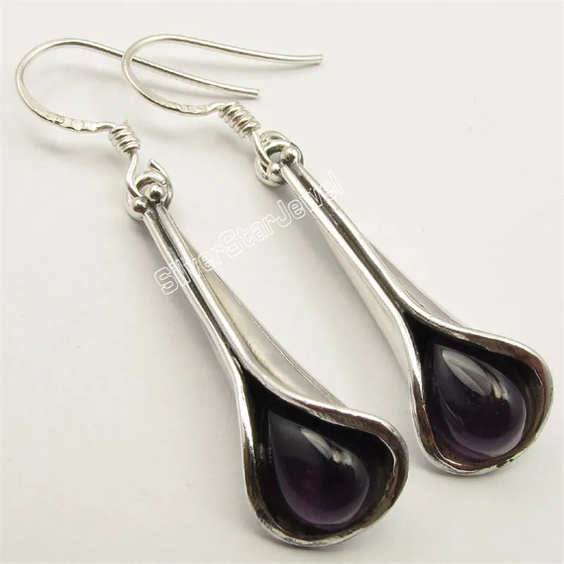 

Sterling Silver AMETHYSTS Drop Gems Surprising Modernistic Earrings 4.2CM Variation