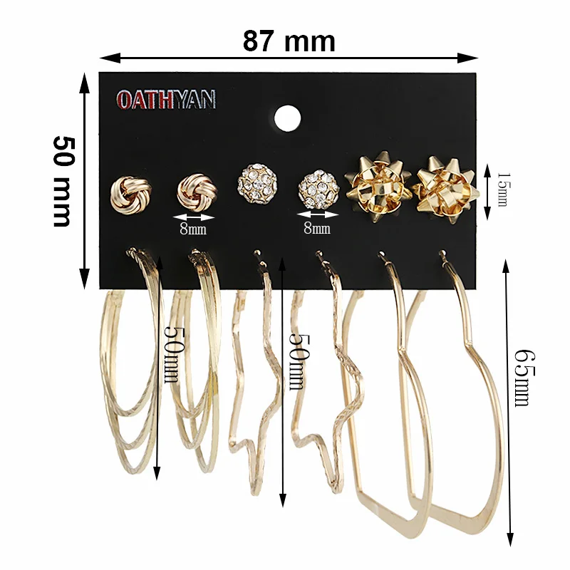 OATHYAN 6 пар/компл. женские Модные круглые звезды большие серьги в виде колец, комплекты с золотым Цвет легированная квадратная шар лист круг, высокое качество, прекрасный подарок