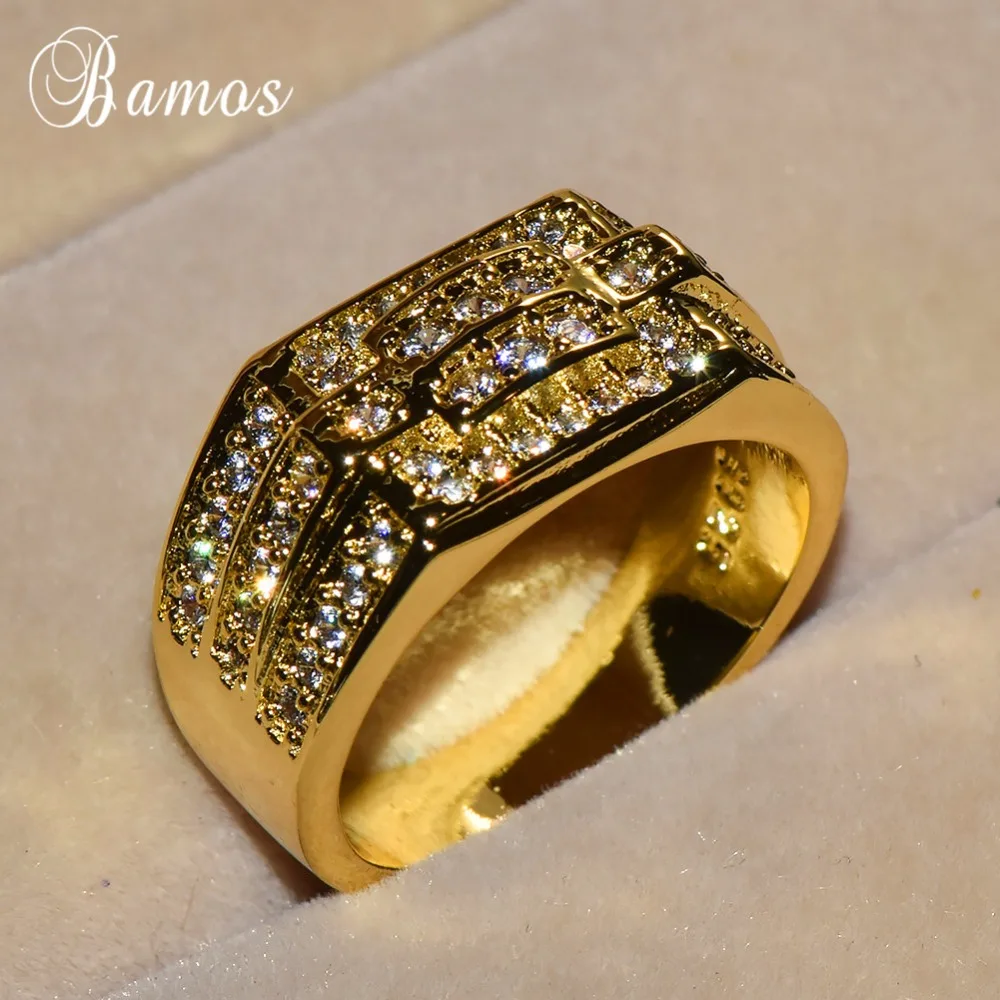 

Bamos Luxury Cubic Zirconia Finger Ring Fashion Gold Color Big Wedding Rings For Men Simple Crystal Jewelry Best Birthday Gift