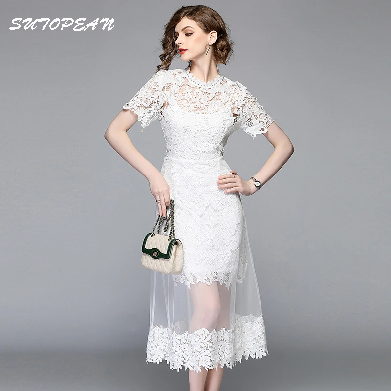 

Sutopean 2018 New Selection Fabrics Women's Summer Lace Dress Hollow Out Splice Mesh Long Dresses Woman Vestidos With Camisole