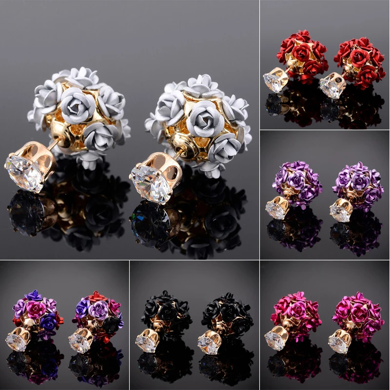 Shellhard Crystal Earring Femme Brincos Elegant Womens Double Sided Rose Flower Stud Earrings Fashion Jewelry Gift