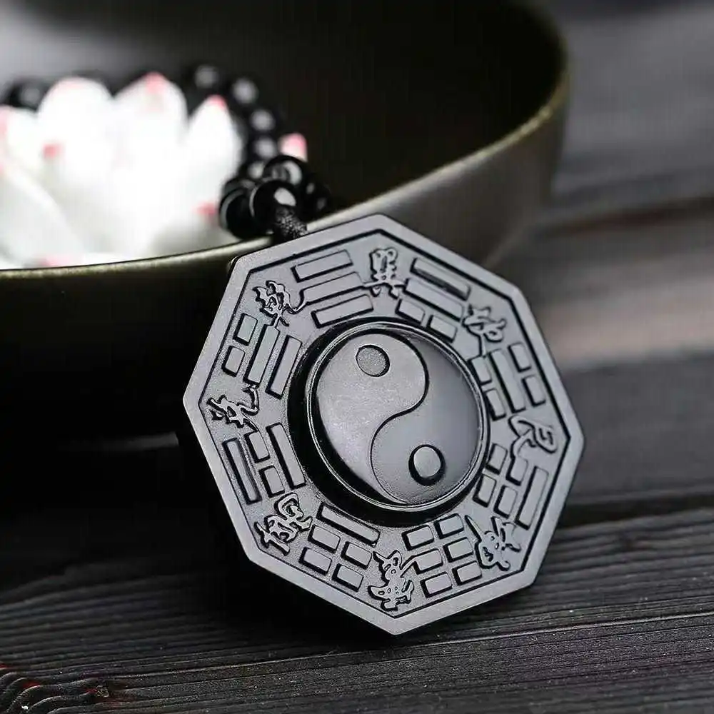 100% натуральный черный обсидиана резной китайский амулет BaGua кулон + ожерелье