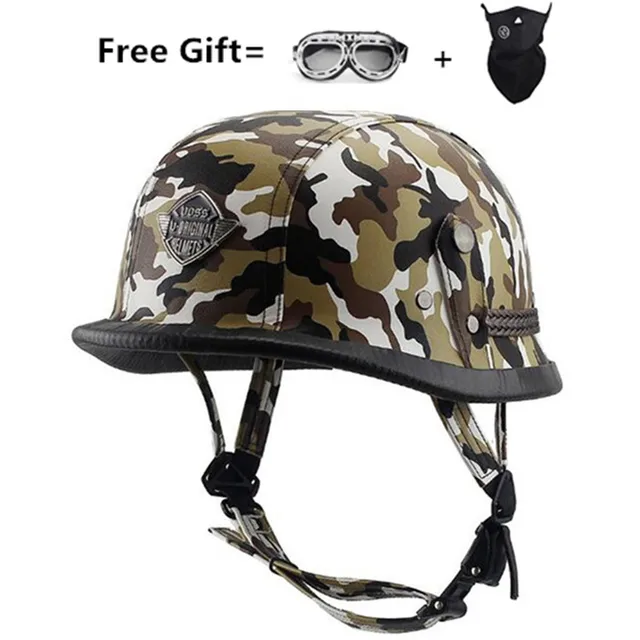Motorcycle Helmet German Leather Style Pilot Motorcycle Open Face Retro Half Helmet Cruise Chopper Biker Pilot DOT S white camouflage