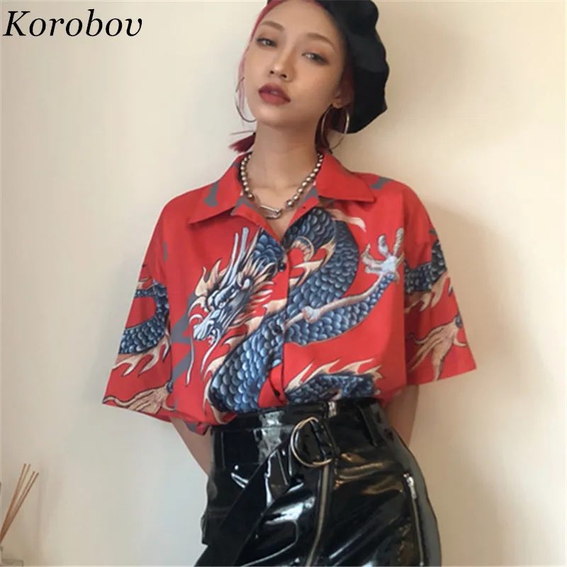 Korobov Harajuku женская блузка летняя рубашка с принтом дракона уличная одежда