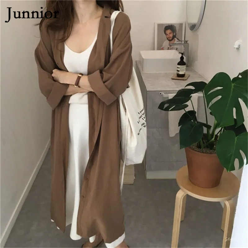 korean Loose Solid Color Outwear Lapel Over The Knee Sunscreen Windbreaker Female Spring And Autumn Wild Long Shirt Coat 2019 korean Loose Solid Color Outwear Lapel Over The Knee Sunscreen Windbreaker Female Spring And Autumn Wild Long Shirt Coat 2019