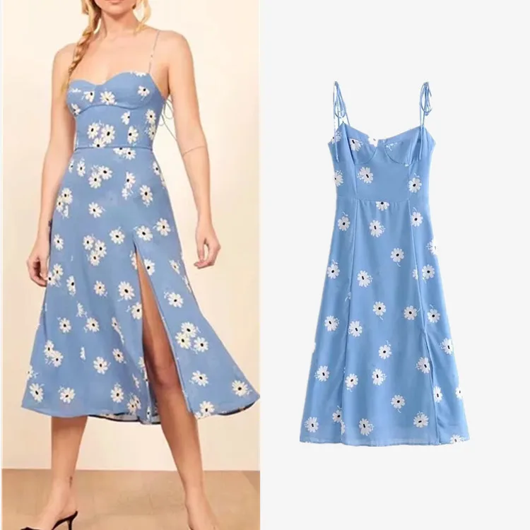 

Summer Dress 2019 New Dress with French Small Wrinkle Print Sexy Side Slit Hem Lace Dress Robe Femme Vestidos De Verano