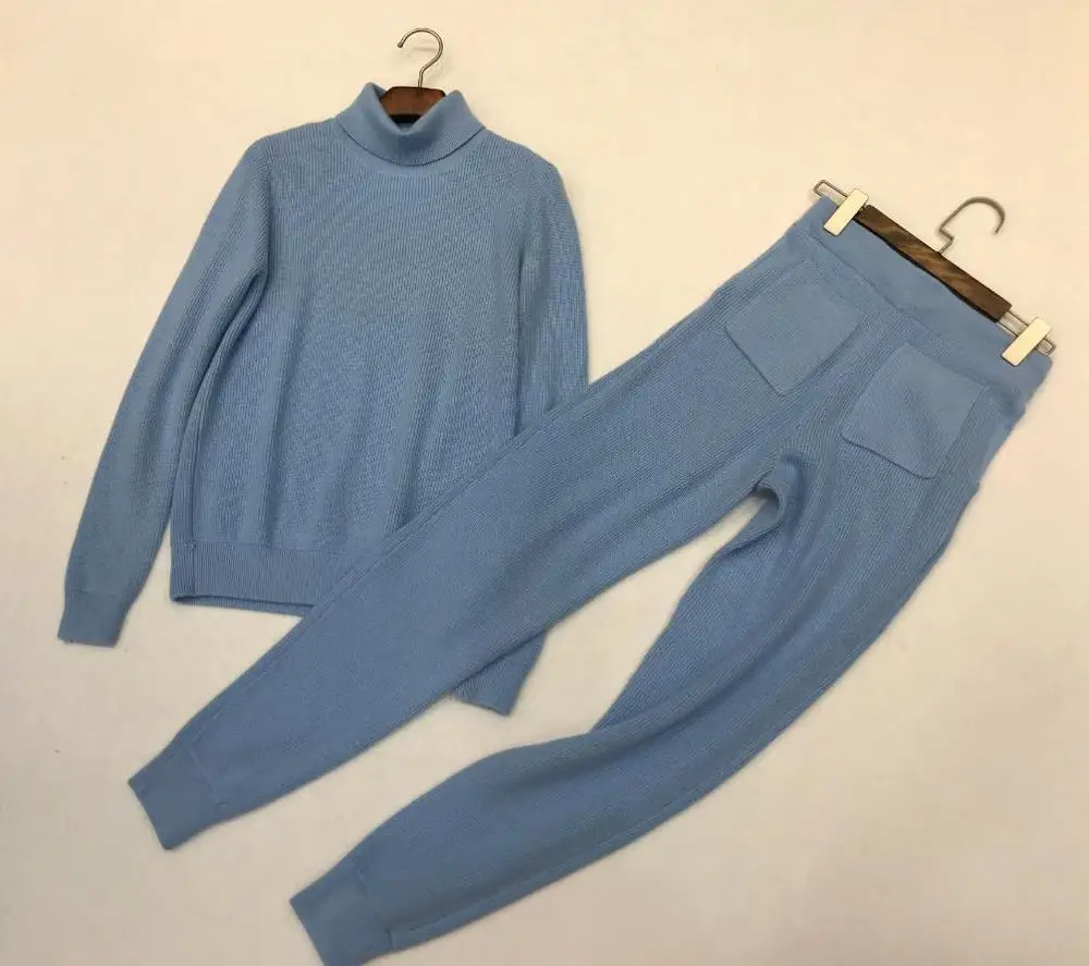 Зимний шерстяной+ кашемировый вязаный Теплый Бархатный свитер с высоким воротником+ кашемировые брюки из норки эластичные костюмы из двух предметов для отдыха wq102 - Цвет: blue