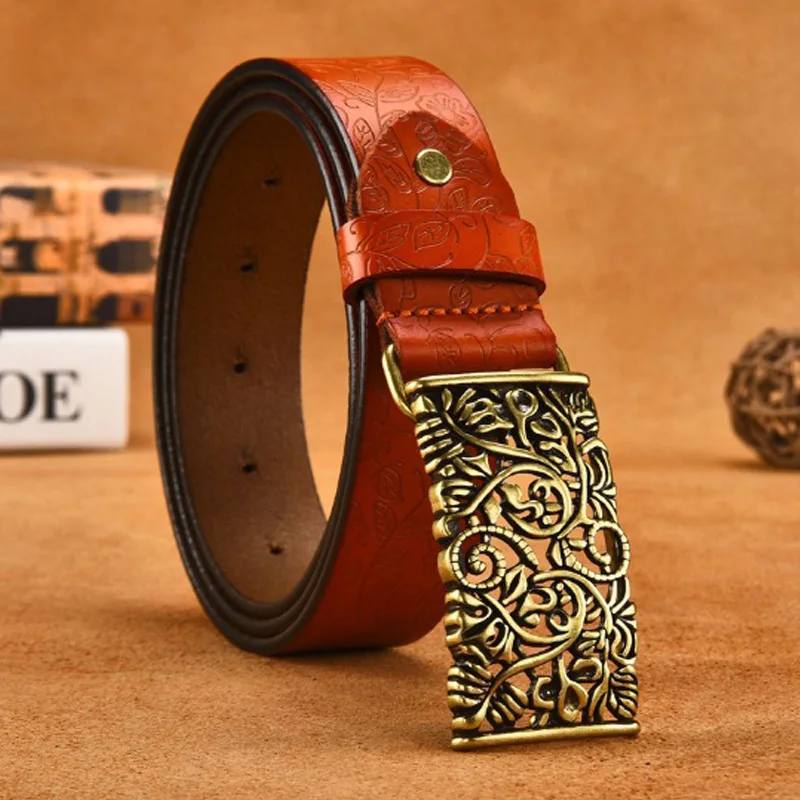 COOLERFIRE Genuine Cowskin Leather Belts For Women Carved Design Retro Metal Women Strap Female High Quality Belts LB015 - Color: tan