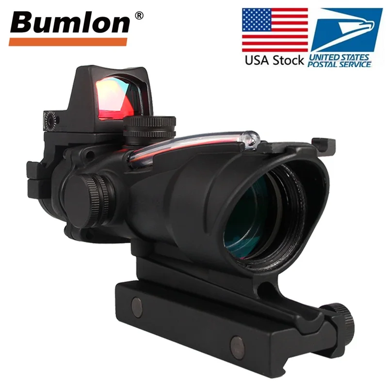 comprar Tactical Hunting Rifle Scope ACOG Fibra Óptica Visão Airsoft Verde Vermelho 4X32 com RMR Red Dot com Marcações para Fotografar HT6 0006