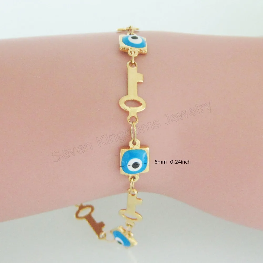 

MIN ORDER 10$/ 7.3"+1.8" LADY - YELLOW GOLD OVERLAY FILL BRASS EVIL EYE ENAMELED SQUARE EVIL EYE KEY LINK PART BRACELET