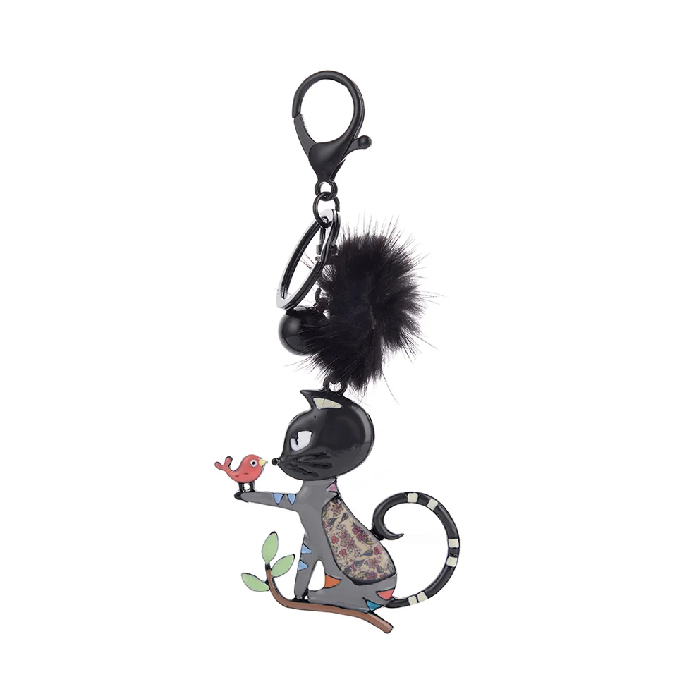 D& Rui ювелирные изделия брелок с котом металлической эмалью котенок птица автомобиль брелок меховой шарик брелок черный брелки для женщин девочек сумочка кулон