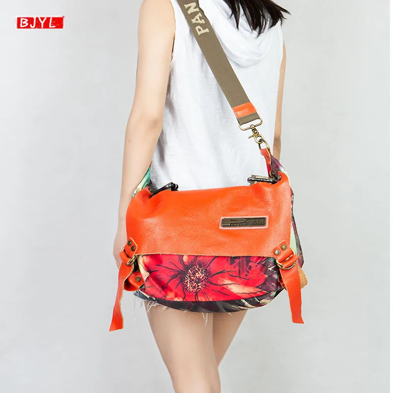 

2019 new genuine leather women handbags fabric with leather female fashion printing crossbody bag shoulder large capacity bags