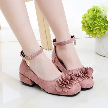 

Summer Flowers Girls Shoes High heels Children Dress Princess Sheos Black Leather Sandals Korean Red Kids Wedding Dance Shoes